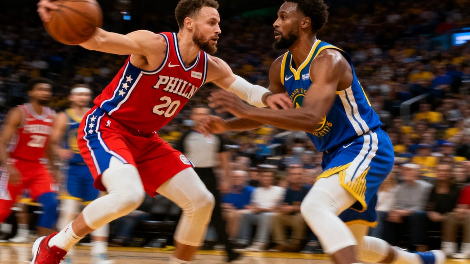 NBA季后赛战报图片，球员在比赛中激烈对抗的瞬间，场边记分牌显示胶着的比分